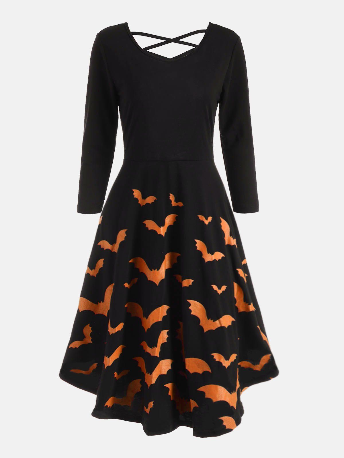

Bat Print Cross Back Fit and Flare Dress, Orange