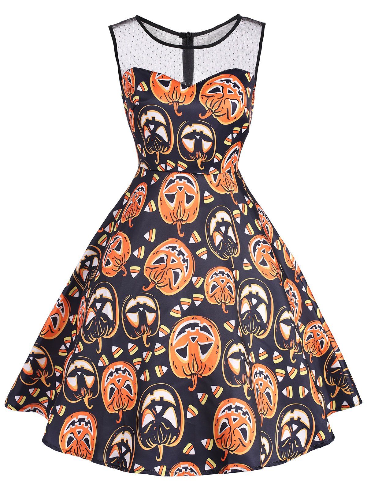 

Halloween Pumpkin Mini Mesh Yoke Dress, Colormix