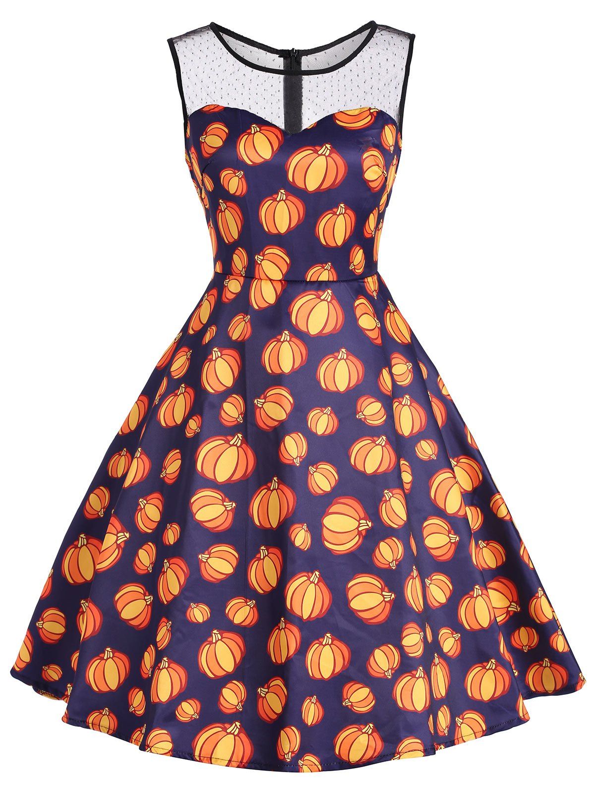 

Sleeveless Halloween Pumpkin Mesh Yoke Dress, Colormix