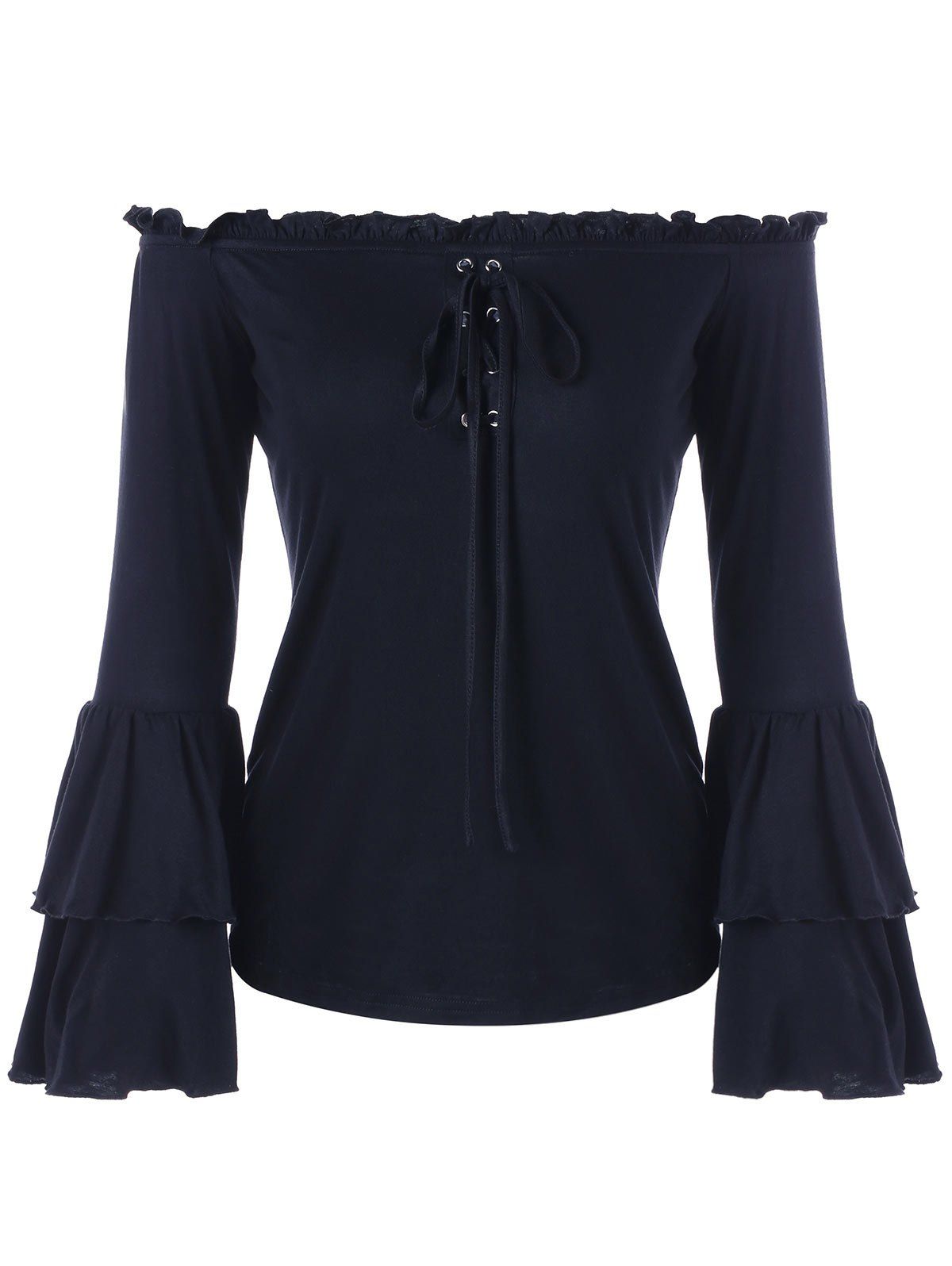 

Flare Sleeve Lace-up Ruffle Off Shoulder Blouse, Black