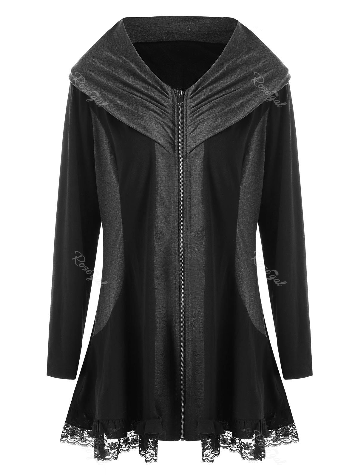 

Plus Size Lace Edge Zip Up Coat, Black