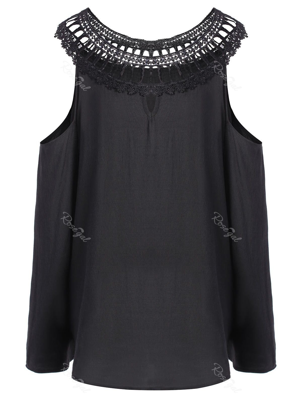 

Plus Size Lace Trim Cold Shoulder Blouse, Black