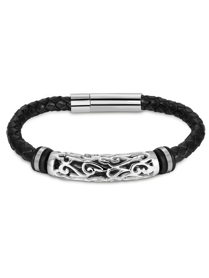 

Hollow Out Carve Alloy Weaving Faux Leather Bracelet, Silver