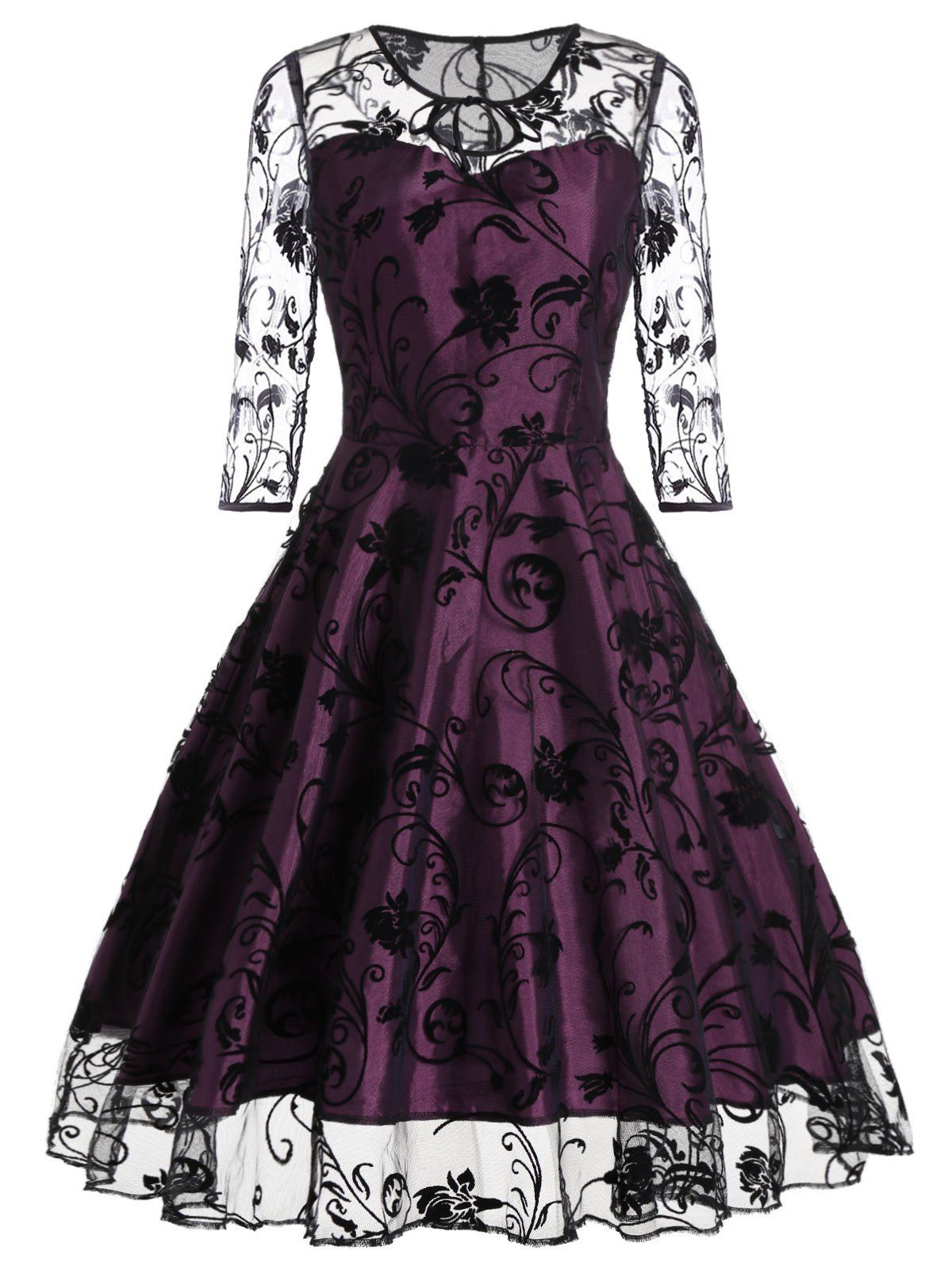 

Sheer Sleeve Keyhole Lace Vintage Dress, Purplish red
