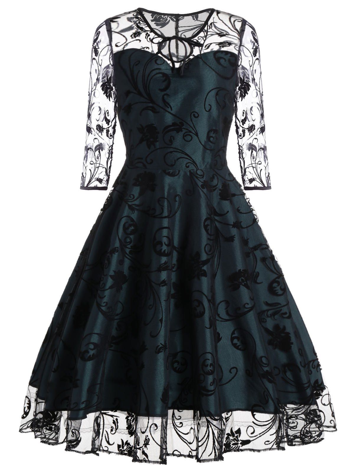 

Sheer Sleeve Keyhole Lace Vintage Dress, Blackish green
