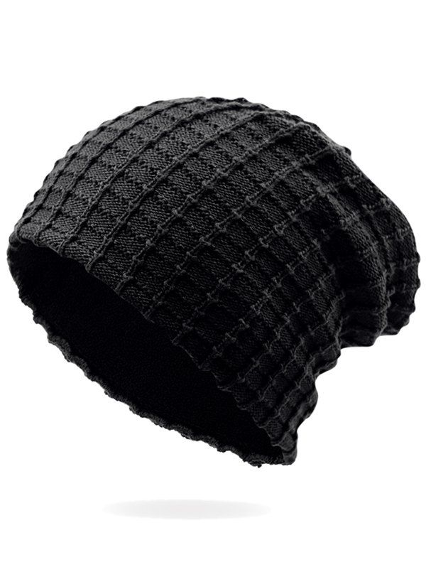 

Outdoor Soft Plaid Pattern Velvet Thicken Beanie, Black