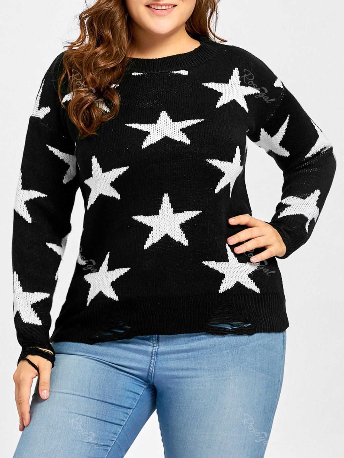

Plus Size Star Jacquard Destroyed Sweater, Black