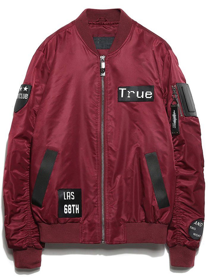 [47 OFF] Zip Up Velcro Patch Bomber Jacket Rosegal