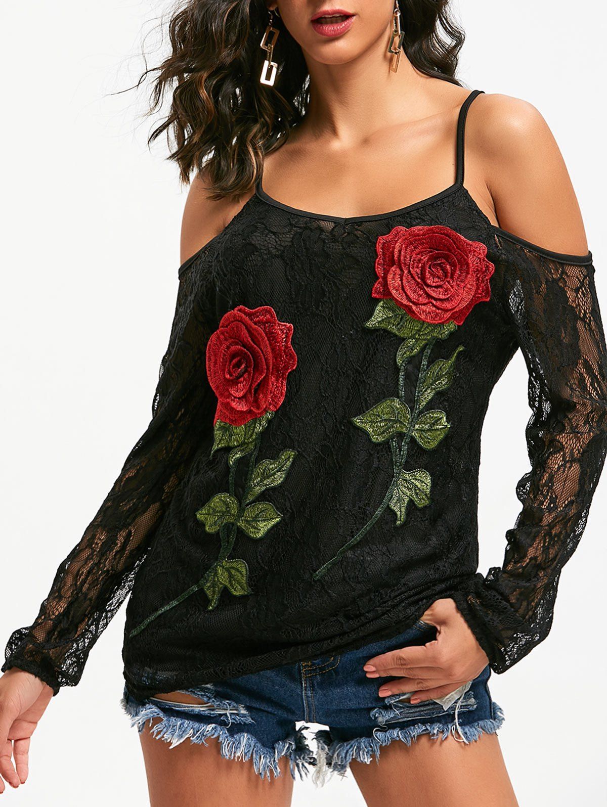 

Embroidered Cold Shoulder Sheer Lace Blouse, Black