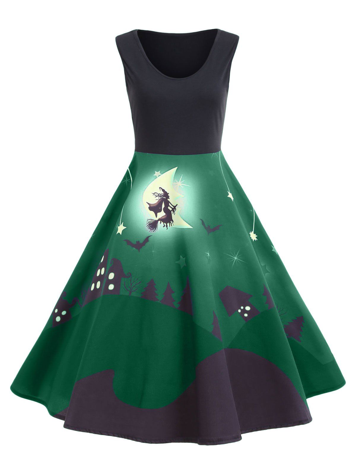 

Castle Bat Vintage A Line Halloween Dress, Green