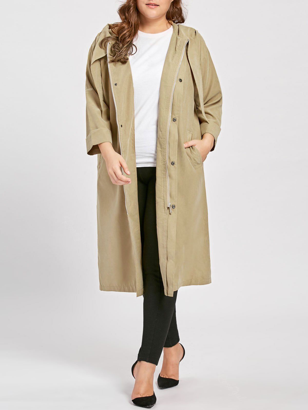 

Plus Size Faux Sueded Long Zip Up Hooded Coat, Apricot