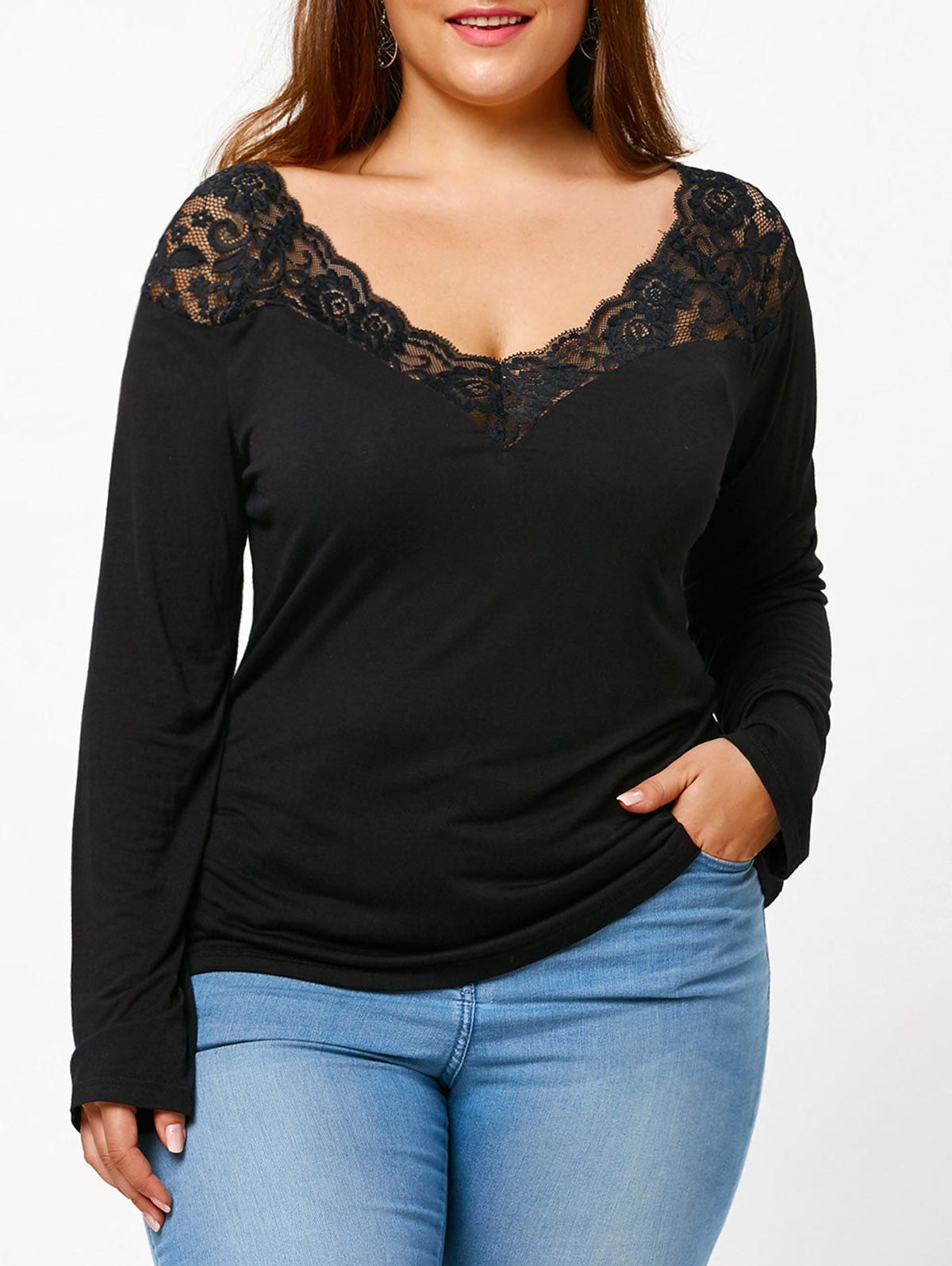 

Lace Trim Plus Size Long Sleeve T-shirt, Black