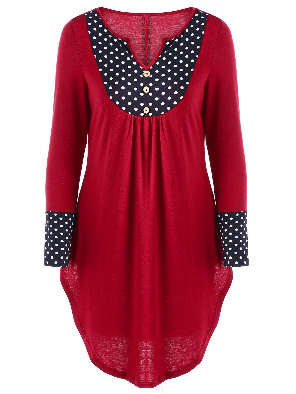 

Polka Dot Curved Hem Tunic Top, Red