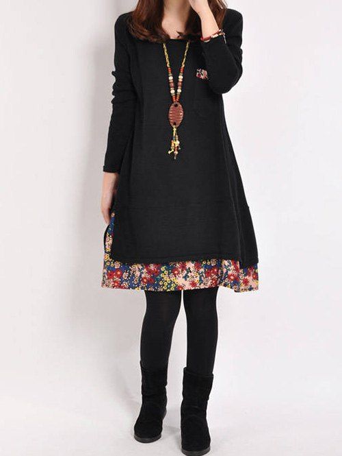 

Floral Hem Casual Long Sleeve Dress, Black