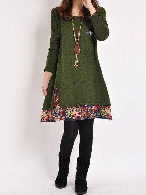 

Floral Hem Casual Long Sleeve Dress, Army green