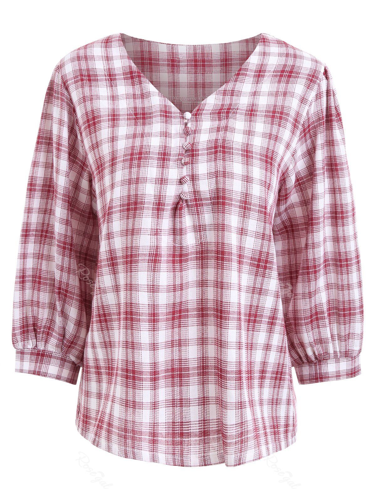 

Plus Size V Neck Plaid Blouse, Red