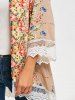 Collarless Lace Trim Long Floral Kimono -  