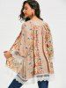 Collarless Lace Trim Long Floral Kimono -  