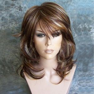 cheap medium inclined bang highlighted layered slightly curled synthetic wig