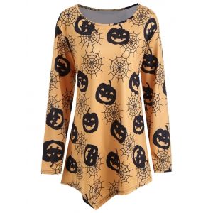 

Plus Size Halloween Net Pumpkin Print Asymmetrical T-shirt, Burnt orange