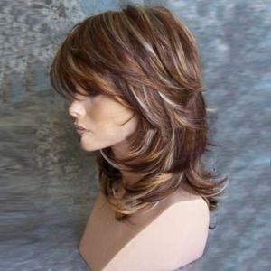 cheap medium inclined bang highlighted layered slightly curled synthetic wig