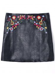 PU Leather Floral Embroidered Mini Skirt -  