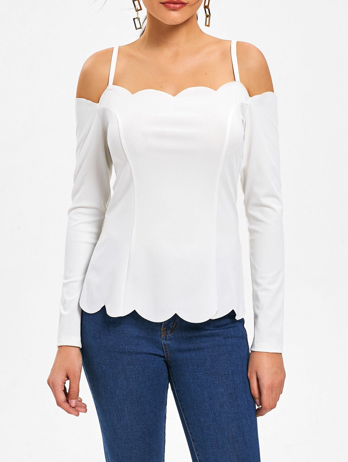 

Scalloped Long Sleeve Spaghetti Strap Top, White