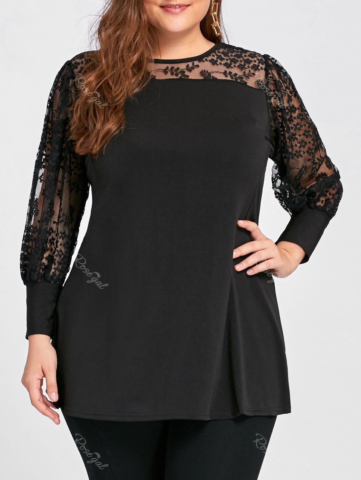 

See Through Yoke Panel Plus Size A Line Top, Black