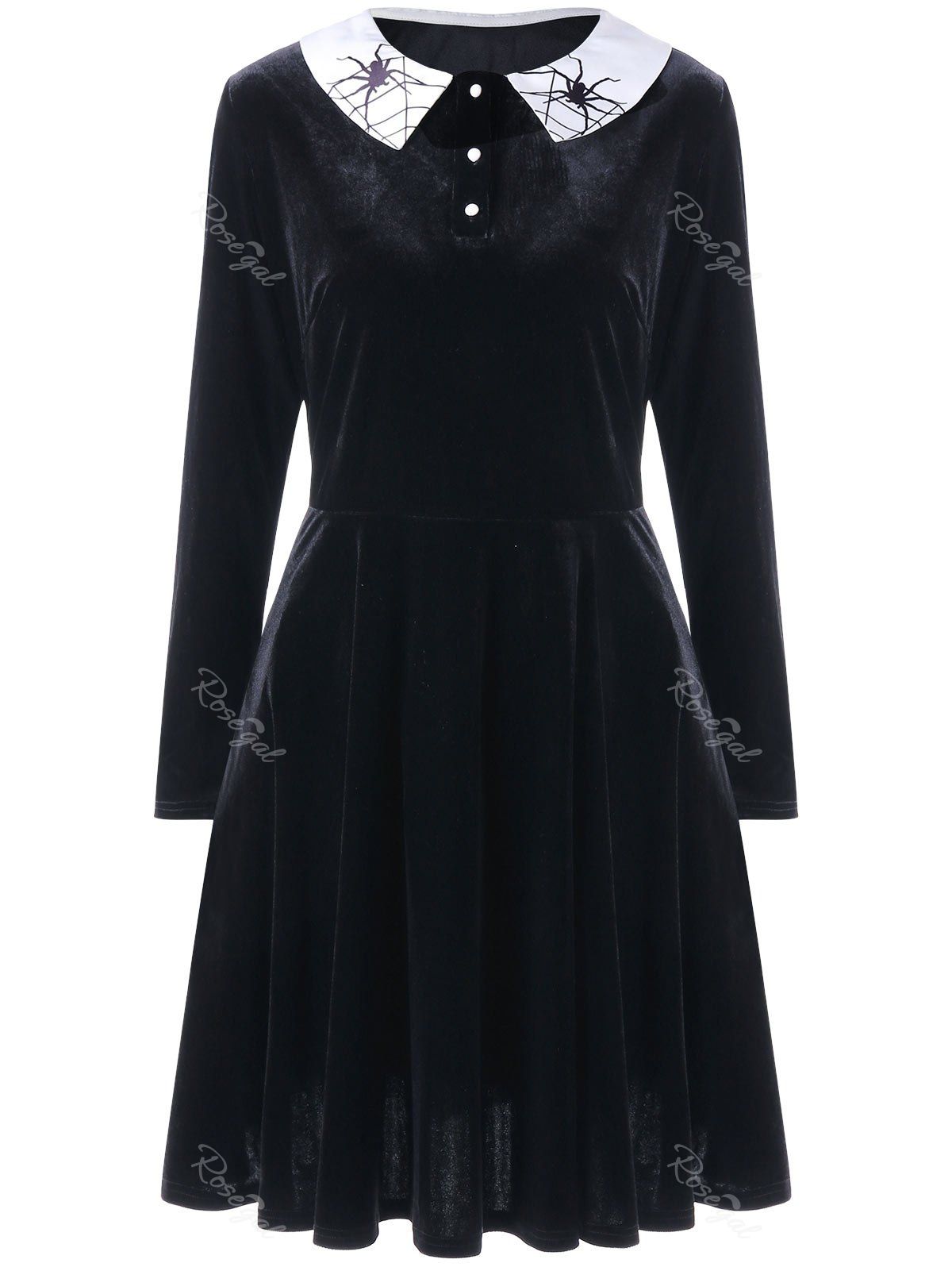 

Plus Size Spider Print Long Sleeve Velvet Dress, Black