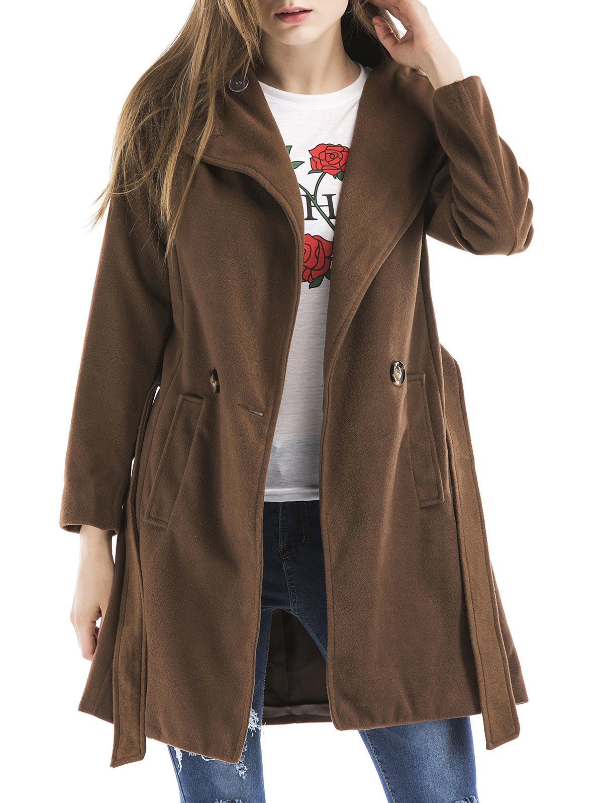 [58% OFF] Buttoned Trench Woolen Coat | Rosegal