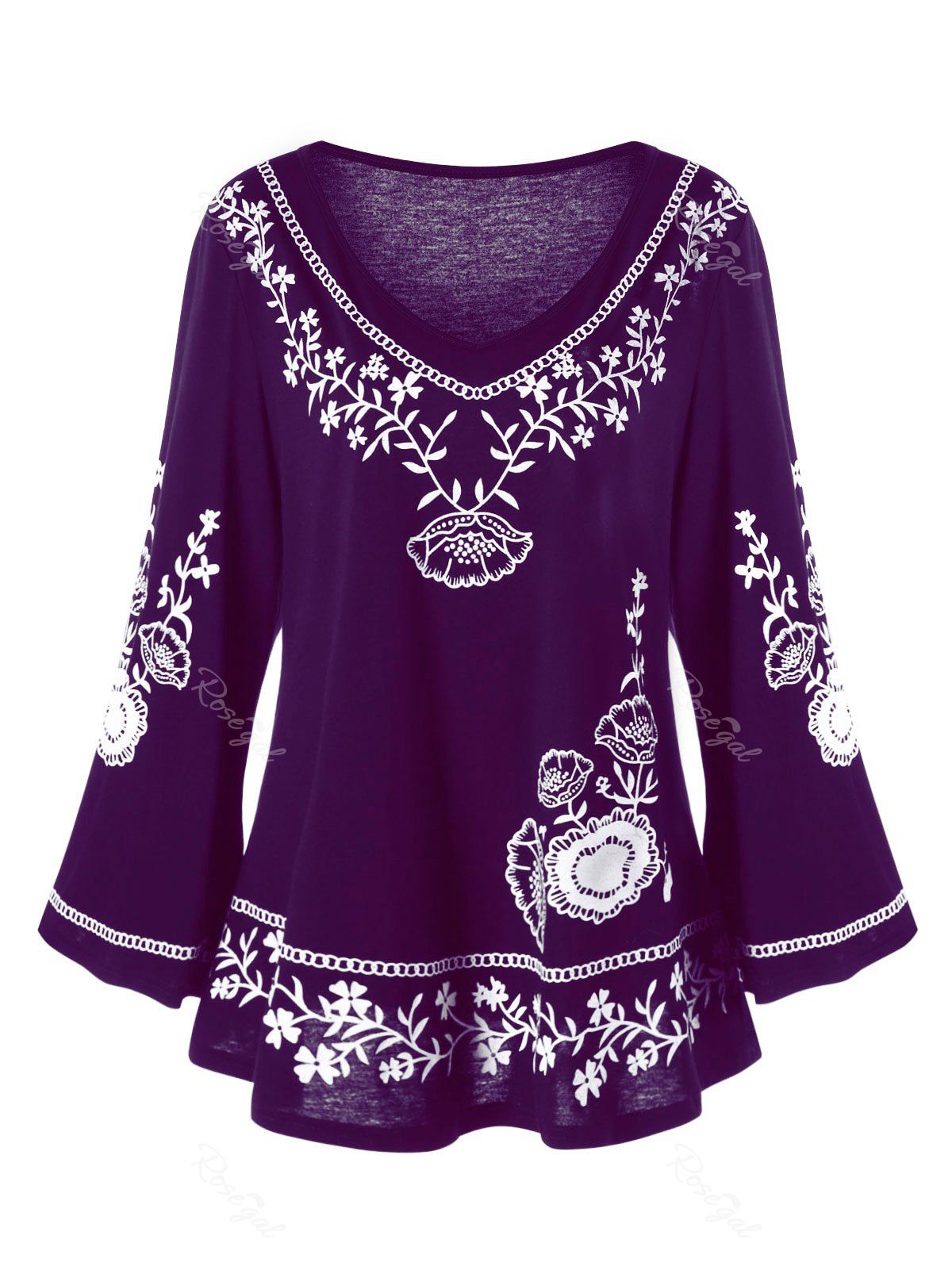 

Plus Size Monochrome Floral Bell Sleeve Top, Purple