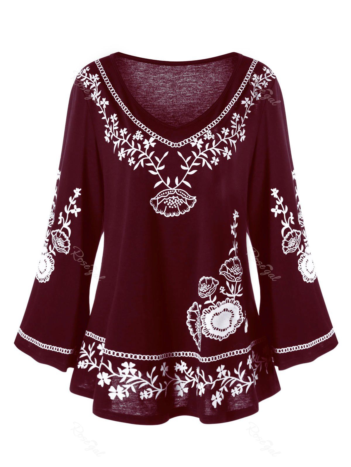 

Plus Size Monochrome Floral Bell Sleeve Top, Dark red