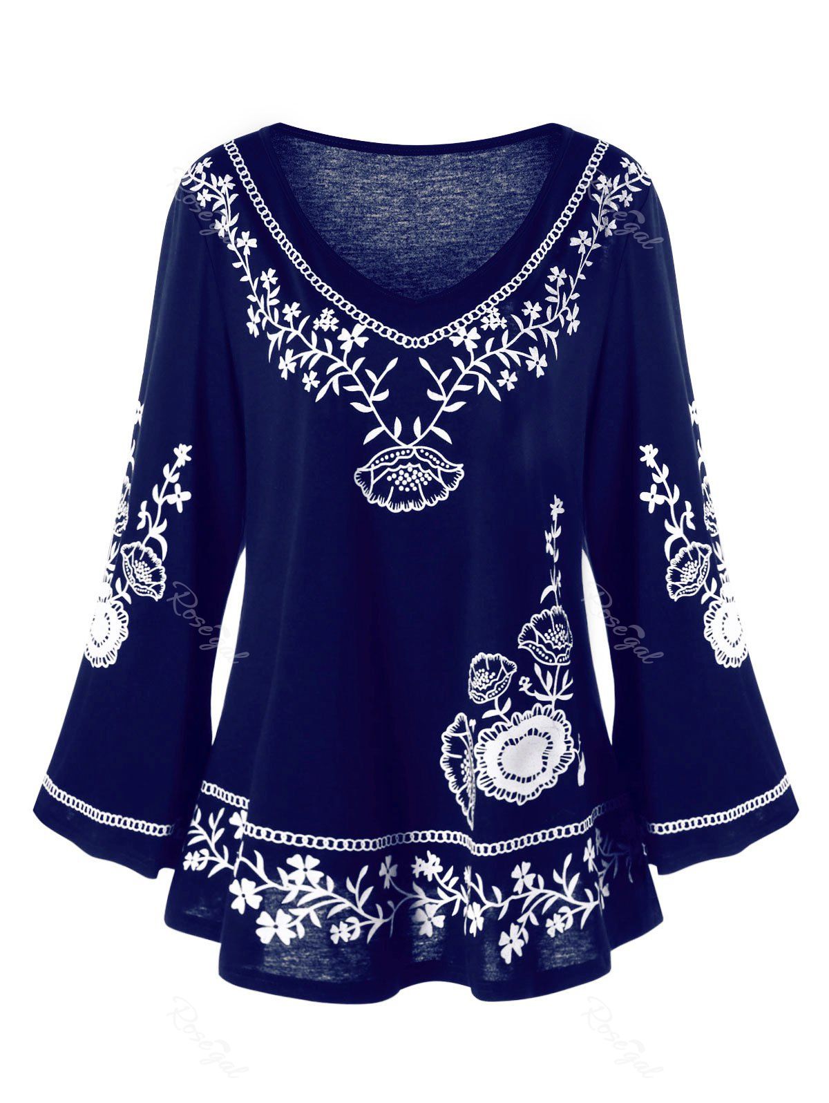 

Plus Size Monochrome Floral Bell Sleeve Top, Deep blue