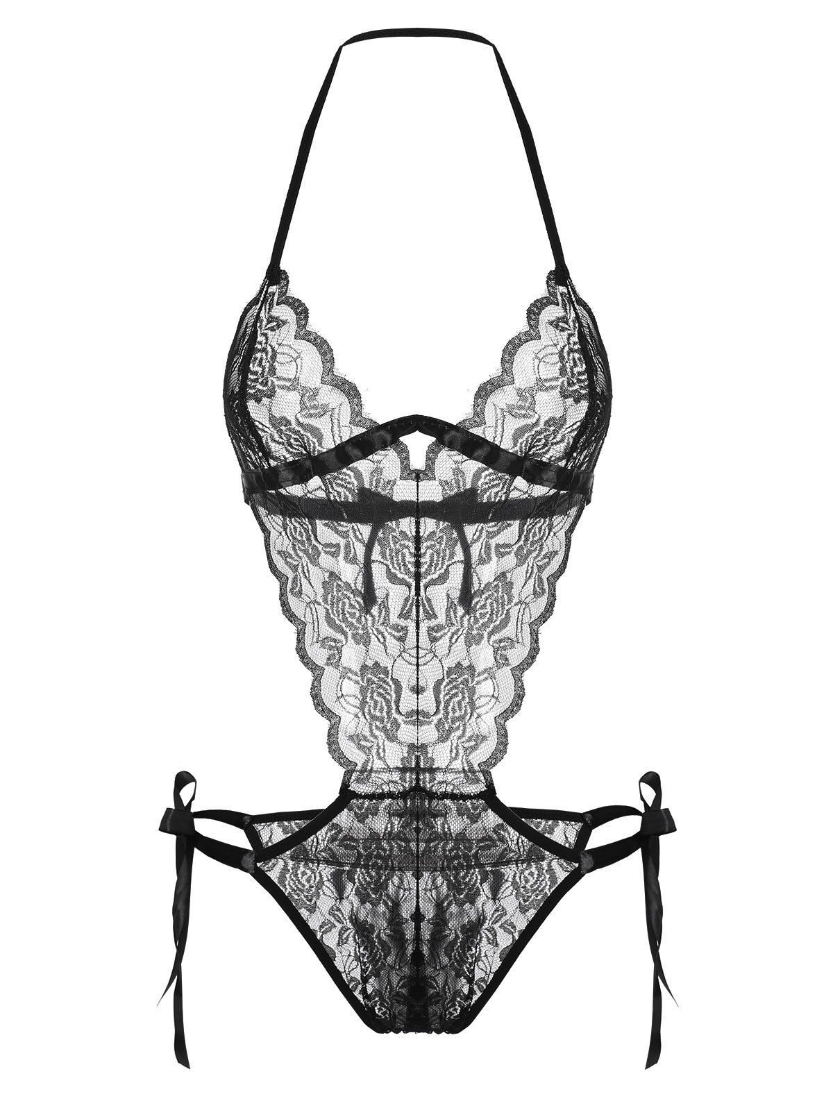 

Lace Low Cut Sheer Tied Teddy, Black