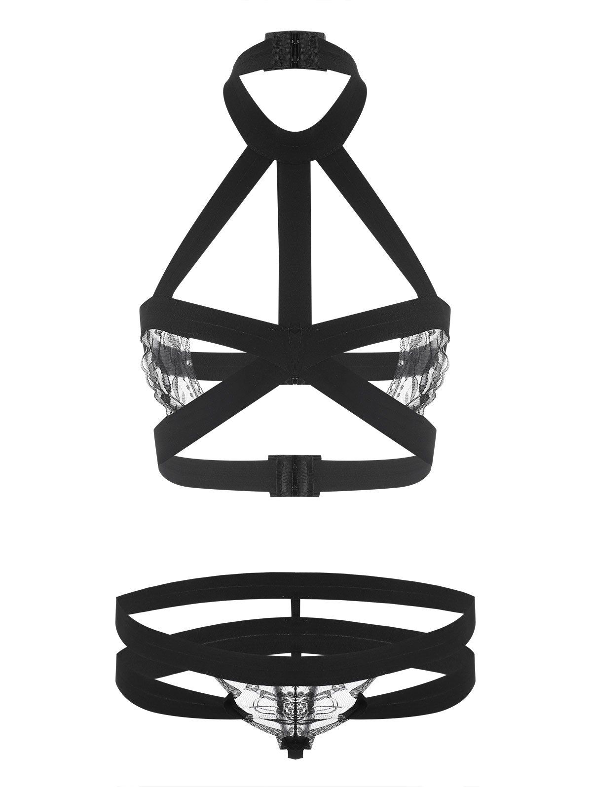 

Caged Strappy Lingerie Bralette Set, Black