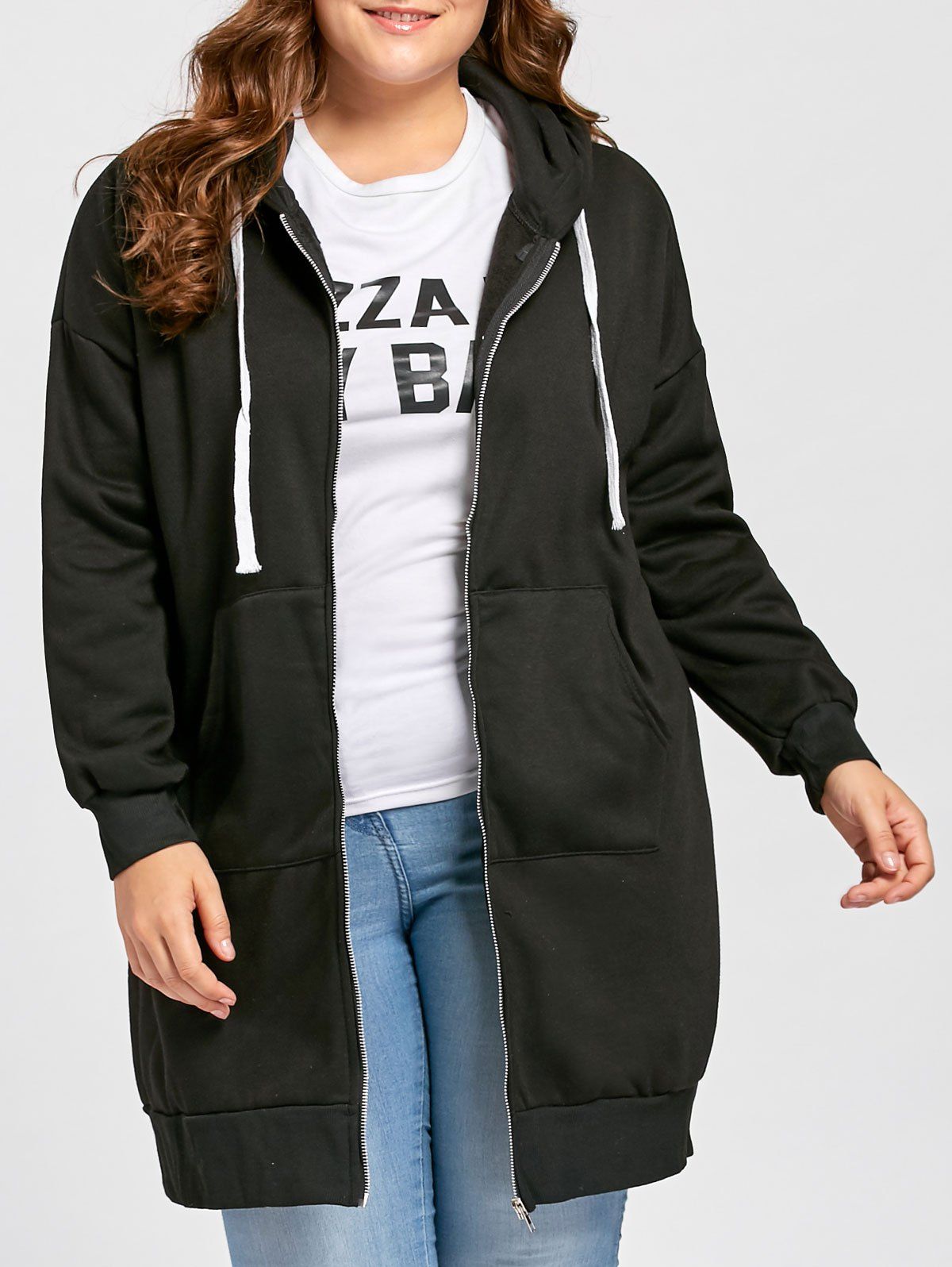 

Plus Size Pockets Long Drawstring Hooded Coat, Black