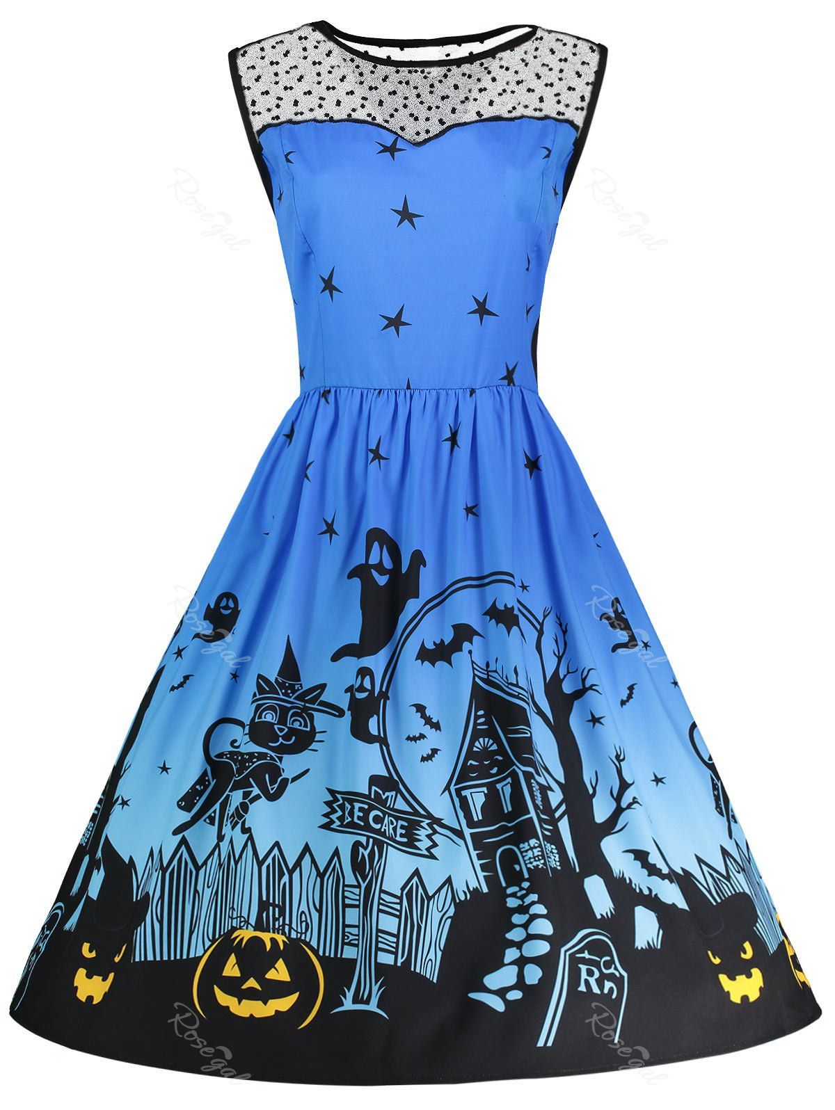 

Mesh Panel Pumpkin Plus Size Halloween Dress, Blue