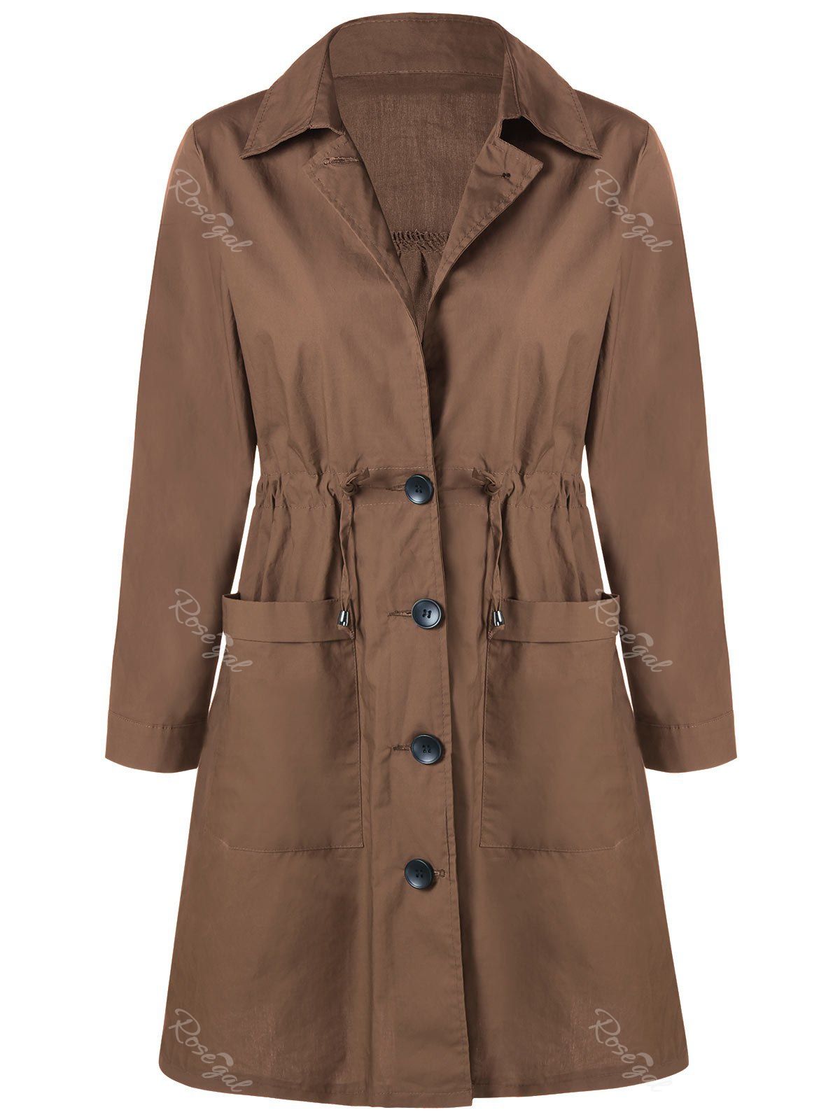 

Plus Size Drawstring Front Pocket Single Breasted Coat, Khaki