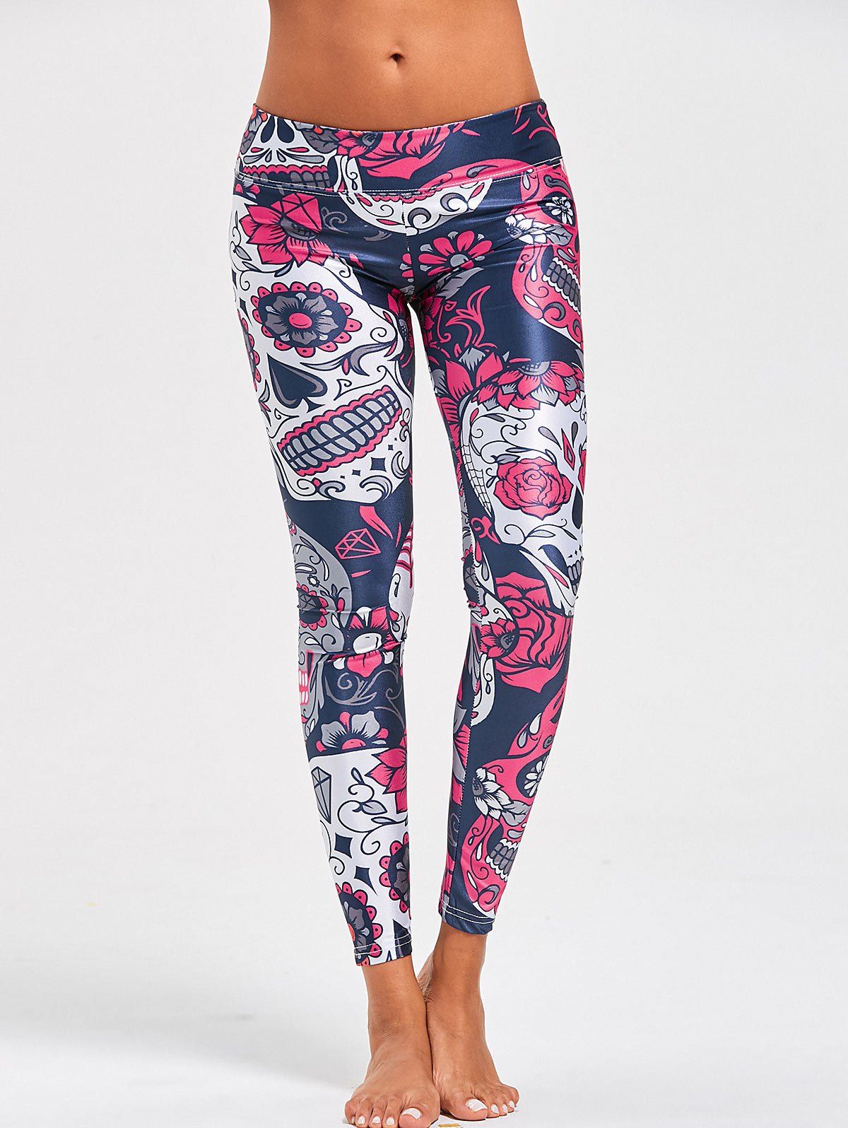 

High Waist Halloween Floral Skull Print Leggings, Colormix