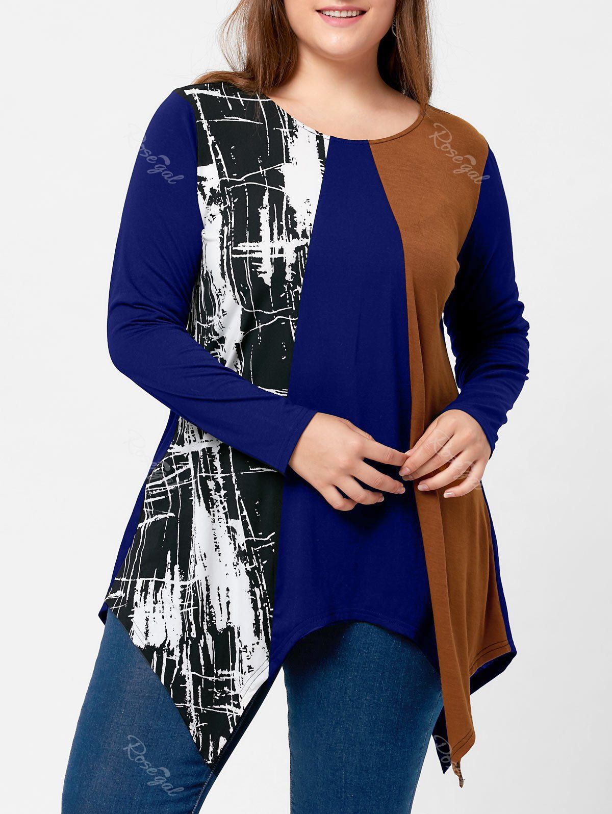 

Plus Size Long Sleeve Handkerchief Tee, Blue