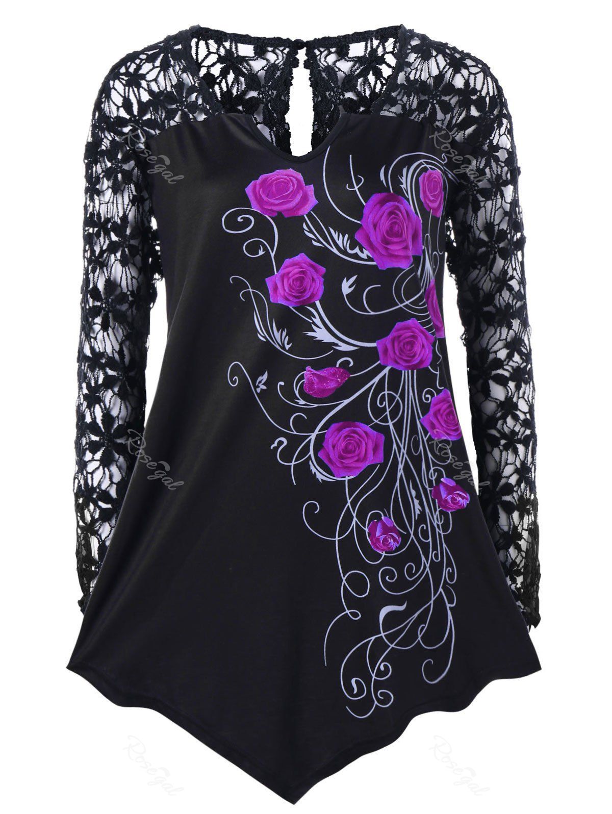 

Plus Size Lace Yoke Floral T-shirt, Violet rose