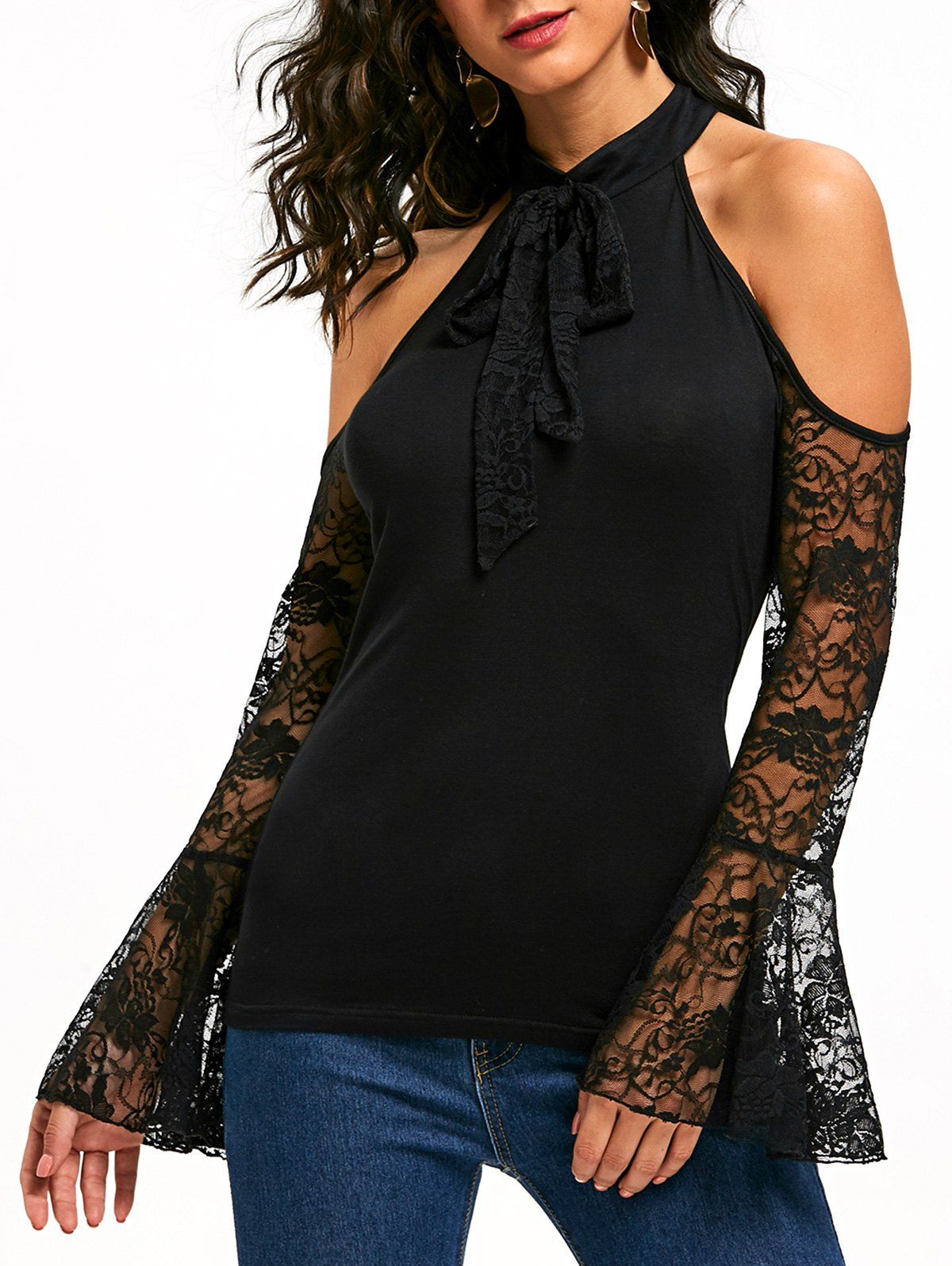 

Bowknot Lace Flare Sleeve Cold Shoulder Top, Black