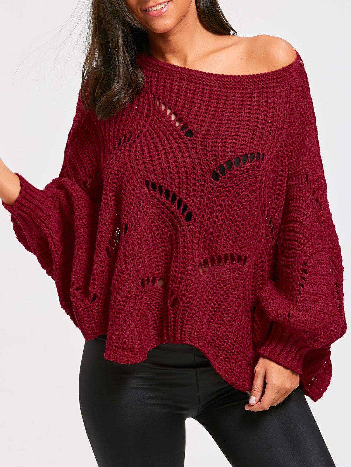 

Oversized Batwing Sleeve Tunic Chunky Sweater, Wine red