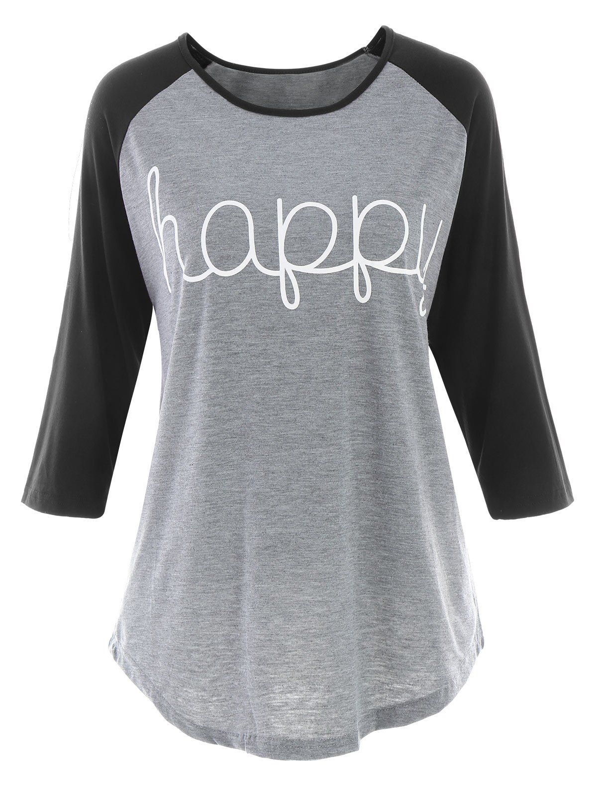 

Plus Size Happy Raglan Sleeve Baseball T-shirt, Black
