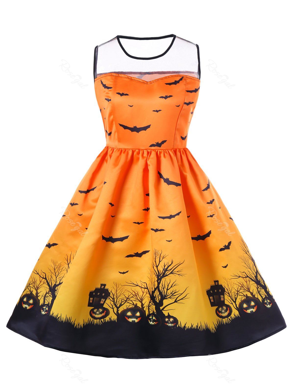 

Halloween Mesh Panel Plus Size A Line Skater Dress, Orange