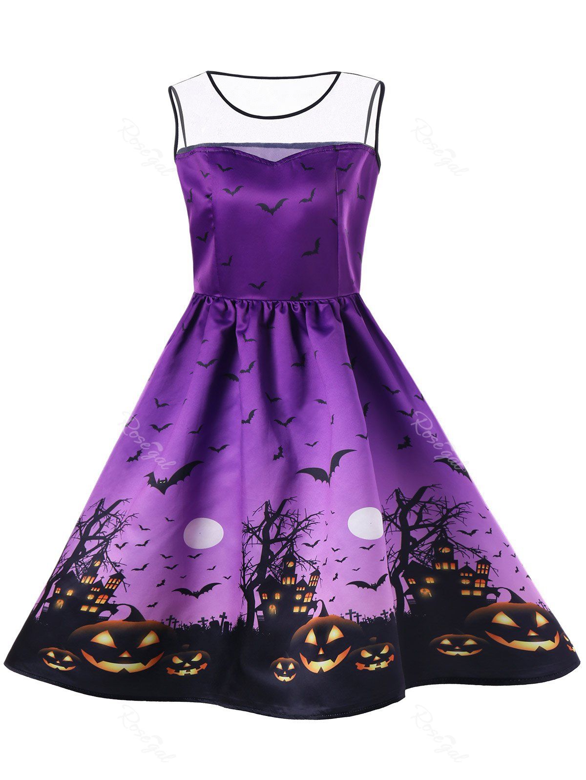 

Halloween Mesh Insert Bat Pumpkin Plus Size Skater Dress, Purple