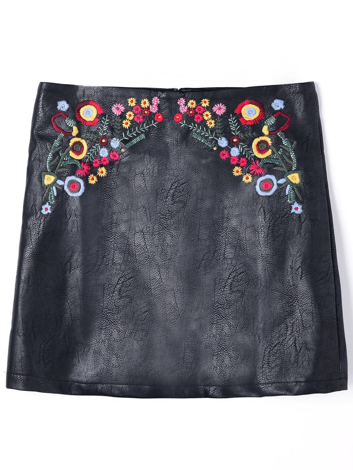Cheap PU Leather Floral Embroidered Mini Skirt  