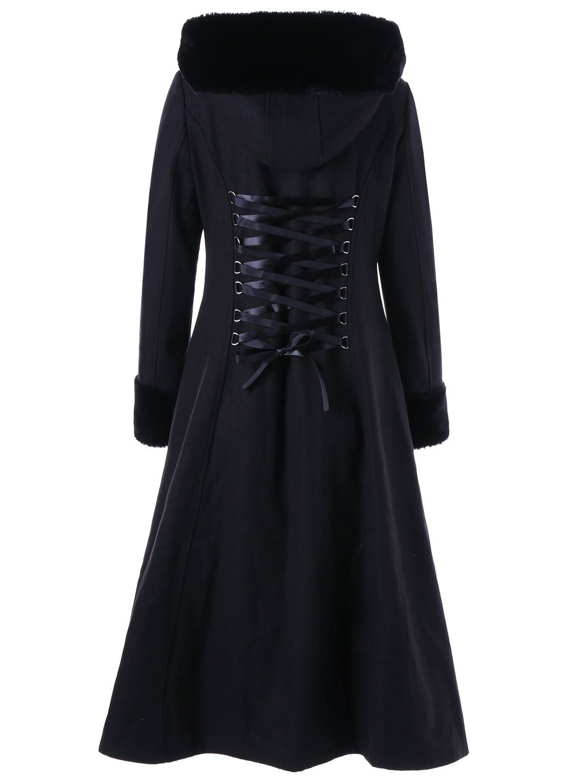 

Hooded Longline Lace Up Coat, Black