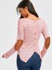 Drop Shoulder Buttoned Stripe High Low T-shirt -  