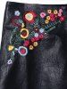 PU Leather Floral Embroidered Mini Skirt -  